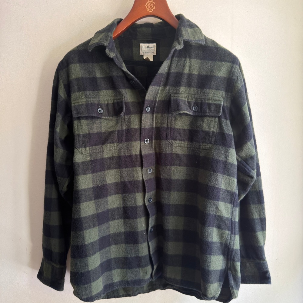 LL Bean Traditional Fit Buffalo Plaid Flannel Shirt Green Black Mens M Good